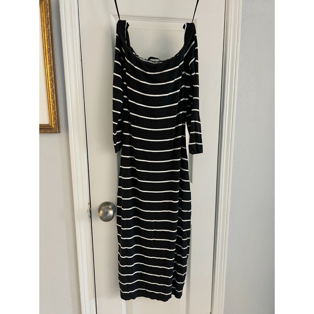 Bailey 44 Off-The-Shoulder Dress Women's Small Striped Black White Midi Casual